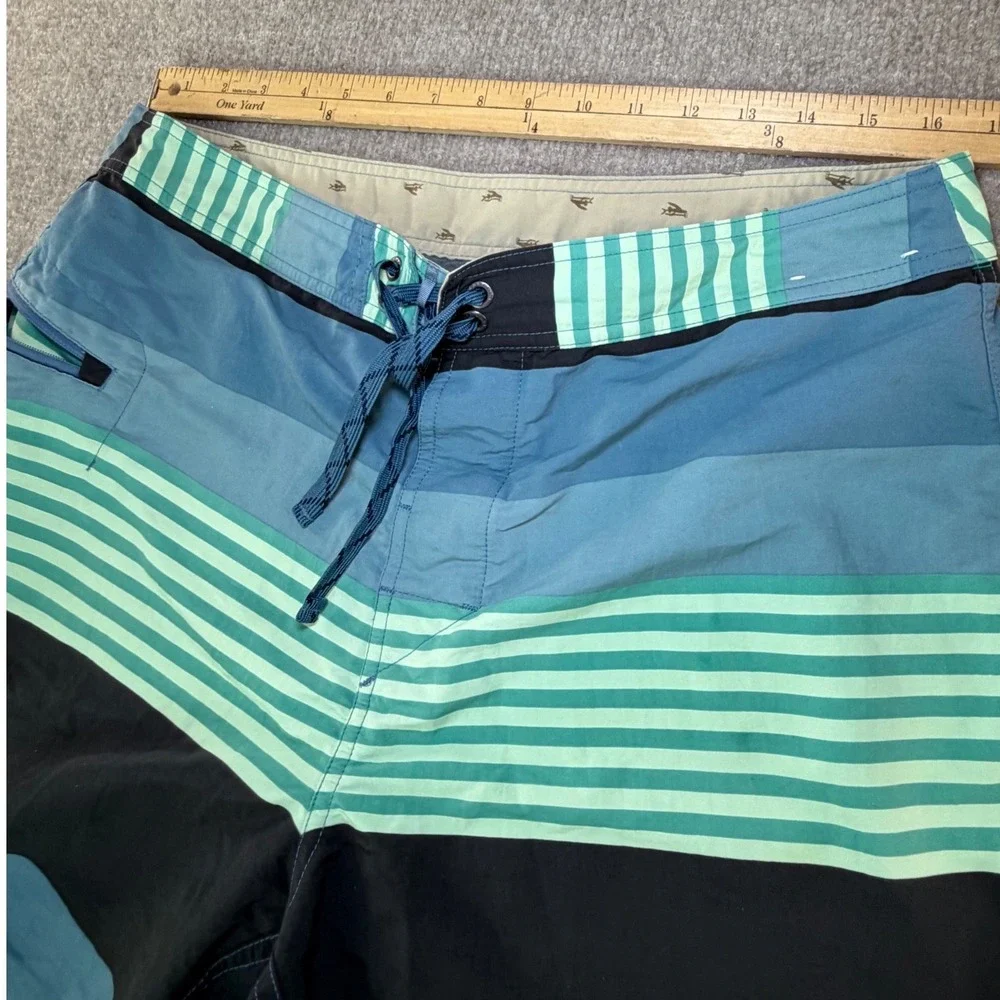 Patagonia Mens Board Shorts Size 35 Blue Green Stripe Recycled Nylon Swim Trunks
